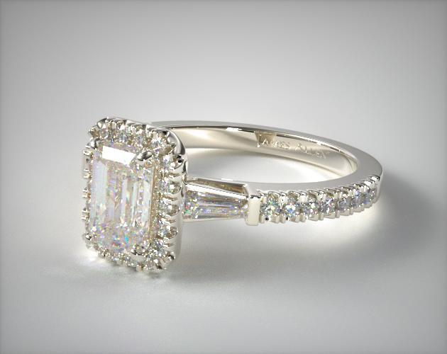 engagement rings, halo, platinum tapered baguette emerald